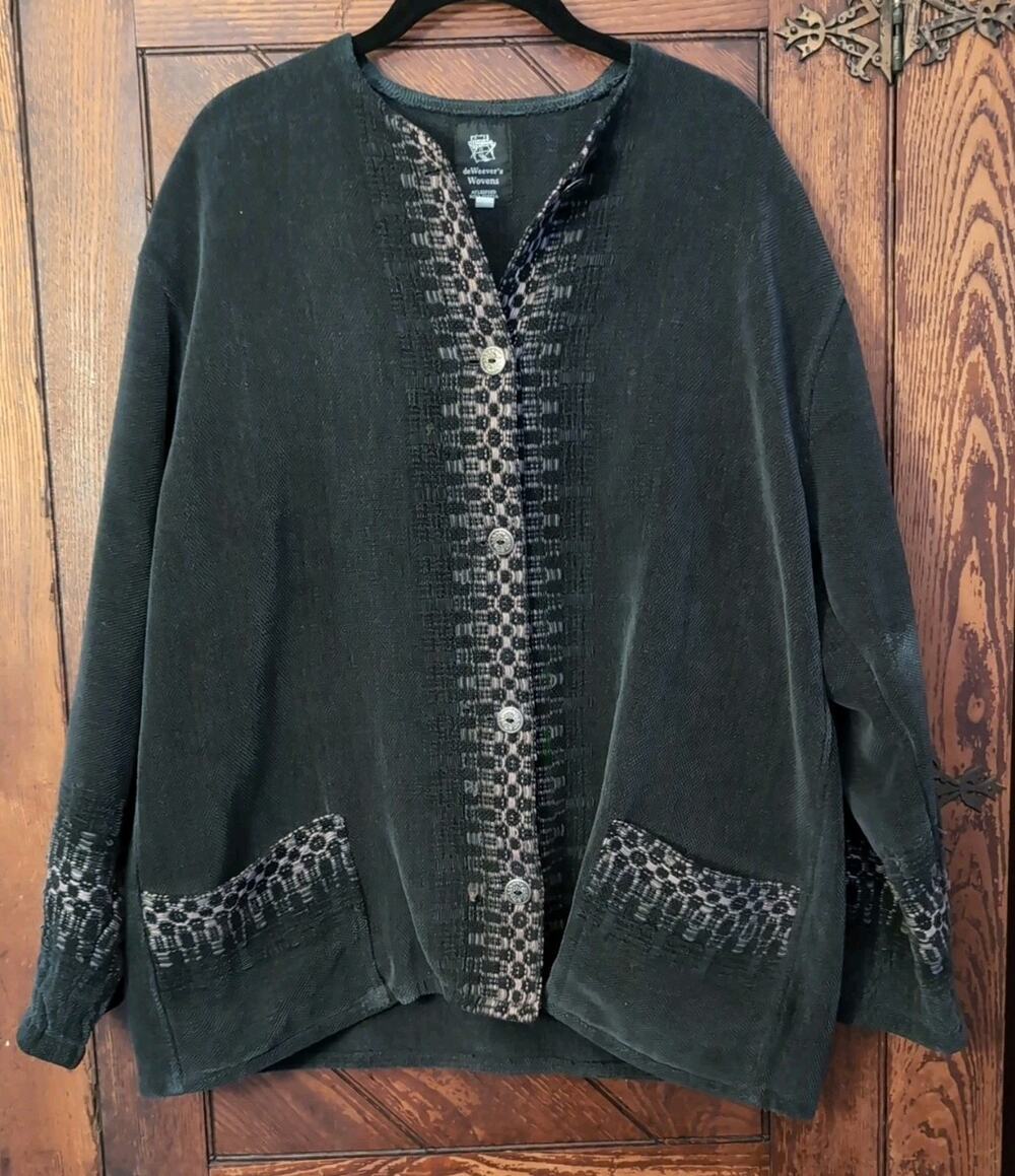 deWeever's Wovens Handwoven Cotton Jacket Vintage Canada Artisan Gray Cardigan L